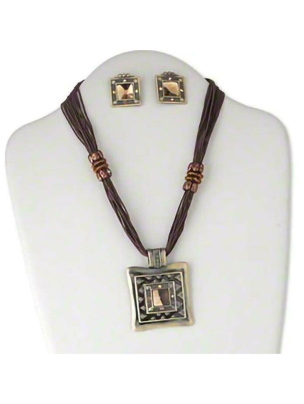Art Deco Square Necklace Earrings Set Antiqued Brass Topaz Copper